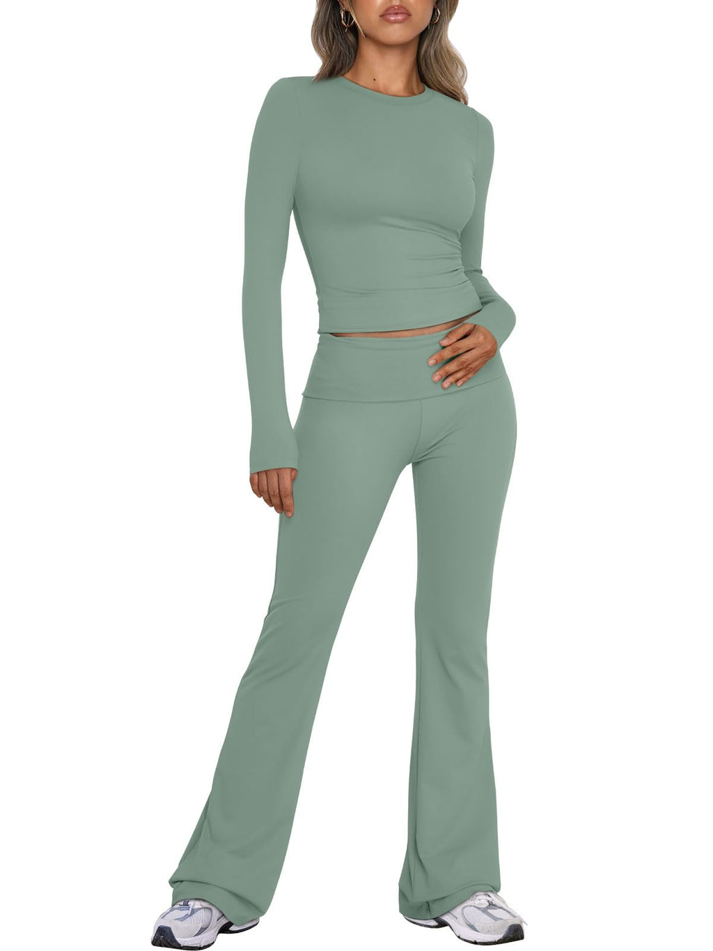 Trendy Queen Lounge Sets For Women 2 Piece Outfits Long Sleeve Shirts and Fold Over Yoga Pants Two Piece Workout Sets Grass Green L